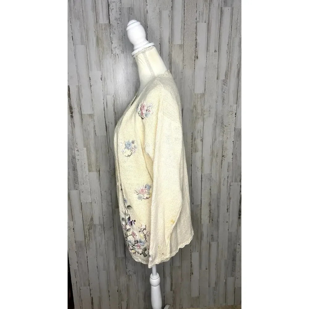 Vintage 80s Crystal Kobe Floral Embroidered Knit Cardigan Beige Women's‎ Medium - Picture 5 of 7